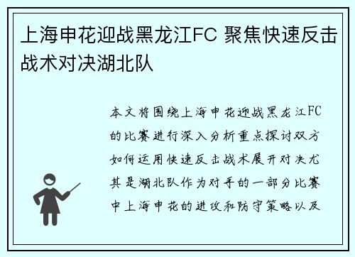 上海申花迎战黑龙江FC 聚焦快速反击战术对决湖北队