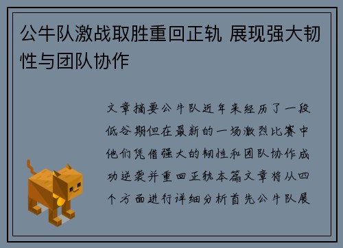公牛队激战取胜重回正轨 展现强大韧性与团队协作