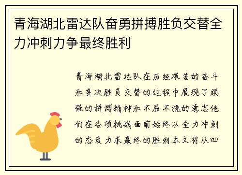 青海湖北雷达队奋勇拼搏胜负交替全力冲刺力争最终胜利