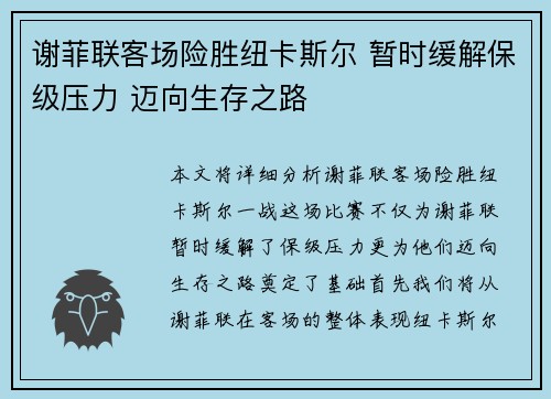 谢菲联客场险胜纽卡斯尔 暂时缓解保级压力 迈向生存之路